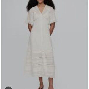 Gap White Midi Button-Down Dress Lace Trim Sleeves & Smocked Back Cottage NWOT-l